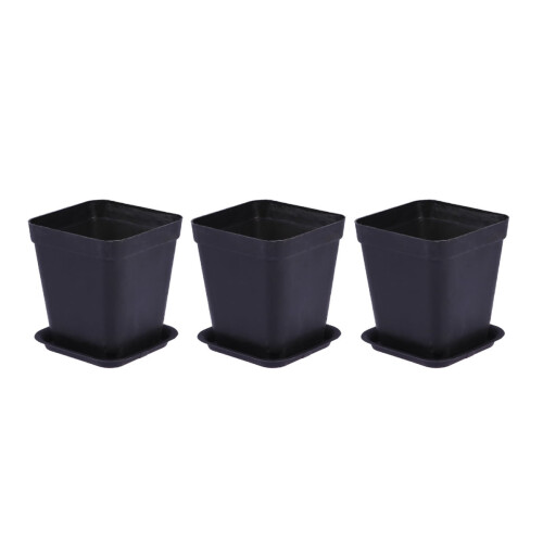 Black Square Plastic Planters with Trays 3-Pack