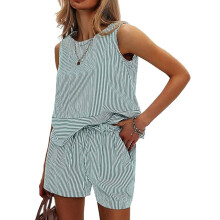 Women's summer 2-piece cotton striped tank and shorts set