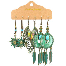 Ethnic Hollow Alloy Turquoise Fringe Earrings Set