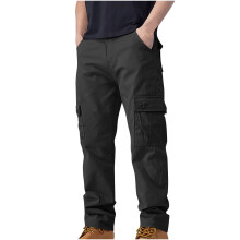 Men's Cotton Cargo Pants Black Straight Leg Work Trousers