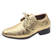 Zapatos de vestir de cuero para niño, color liso, con cordones y tacón bajo, color dorado.