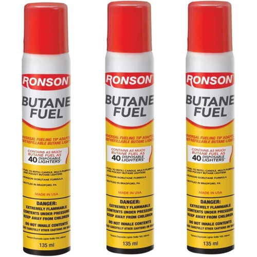 Refil de isqueiro a butano Ronson, 135ml, pacote com 3 unidades.