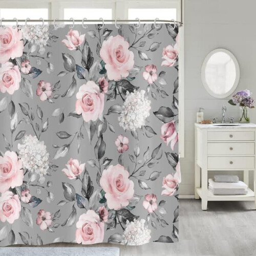 Blomsterbruseforhæng lyserød grå 180x180cm 2