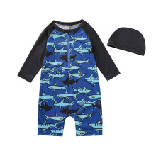 Toddler boys short sleeve cartoon swimsuit with cap