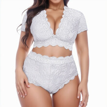 Completo intimo da donna in pizzo floreale, scollo a V, vita alta, bianco, taglia M