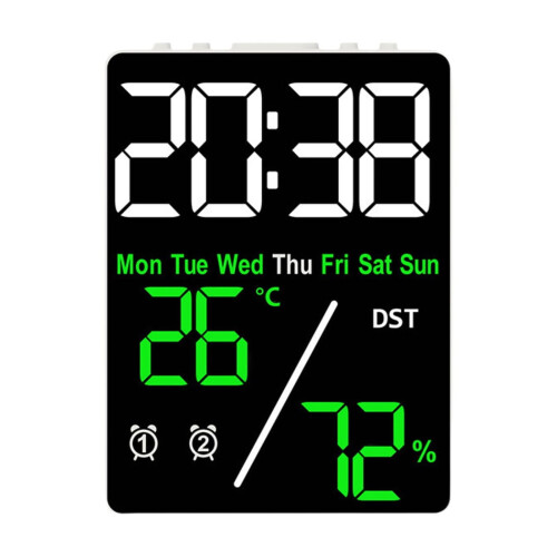 Despertador digital LED com data, temperatura e umidade.