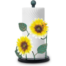 Porta-papel toalha de metal com estampa de girassol, margaridas e abelhas amarelas.