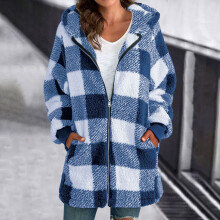Manteau polaire peluche pour femme avec capuche à carreaux et fermeture éclair