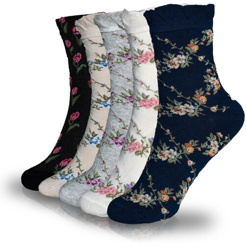 Damesokker med blomsterprint i bomull, 5 par