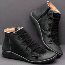 Botas femininas retrô de couro com cadarço e zíper lateral.