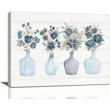 Quadro su tela con cornice, colore blu navy, con motivi botanici, formato 16x12 pollici.