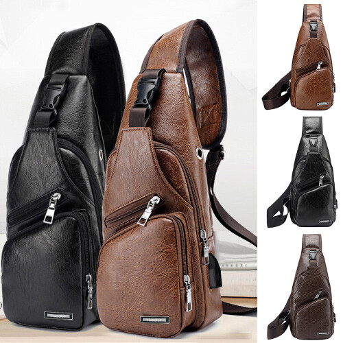Bolsa transversal masculina em couro com carregamento USB e múltiplos compartimentos.
