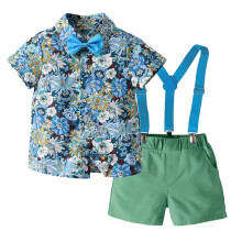 Boys Formal Suit Floral Shirt and Strap Shorts Blue2-Piece