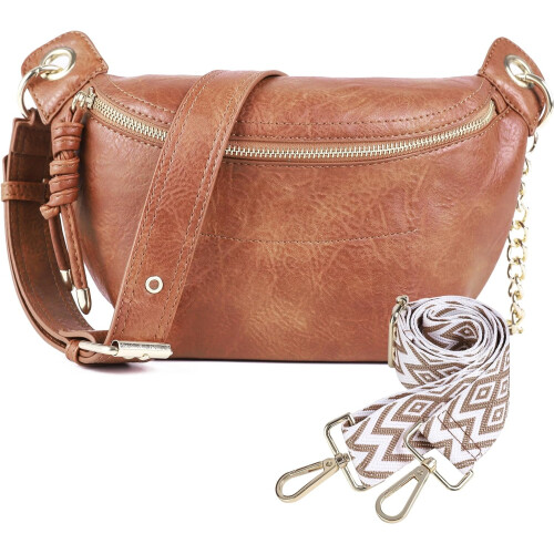 Bolsa de cintura feminina marrom, transversal, com 2 compartimentos.