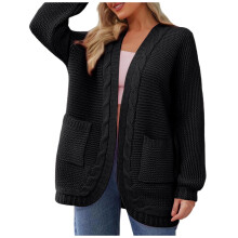 Cardigã feminino de tricô com frente aberta, peso médio.