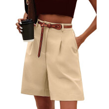 Women's Elastic Waist Wide Leg Knee Length Shorts Khaki M
