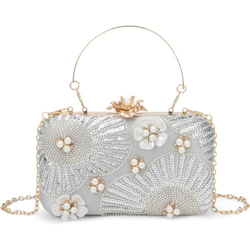 Pochette da sera da donna con decorazione a pavone e perline.