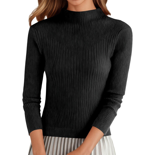 Schwarzer, einfarbiger Strickpullover für Damen mit Stehkragen