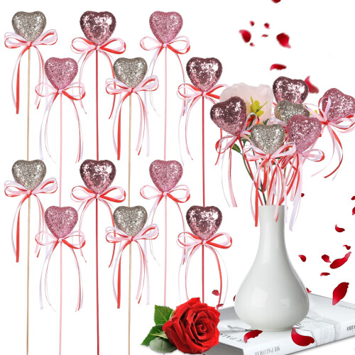 Cuoricini di gommapiuma per San Valentino, glitter, stelo in legno, 12 pezzi