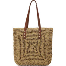 Bolsa de praia de palha feminina, bolsa de ombro trançada.