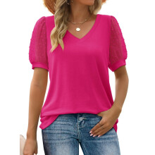 Camiseta informal de mujer con cuello en V, estampado de lunares suizos y manga corta transparente.