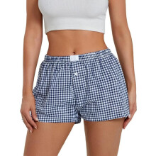 Shorts casuais xadrez femininos com cintura elástica para relaxar.