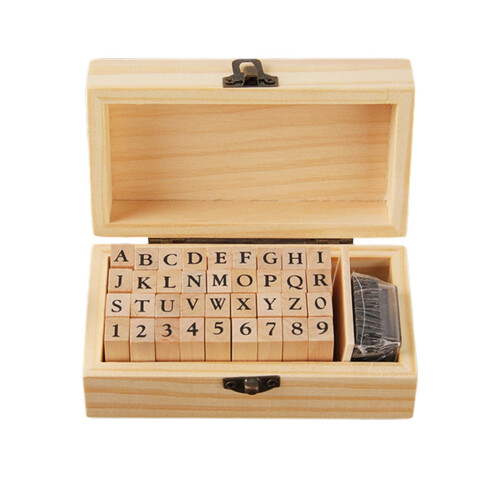 Vintage wooden rubber stamp set 36 pieces 1