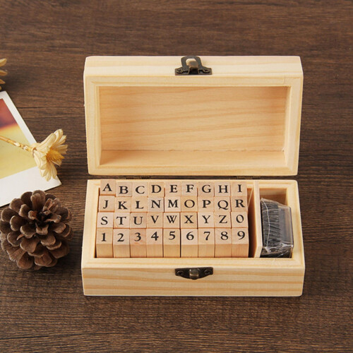 Vintage wooden rubber stamp set 36 pieces 2