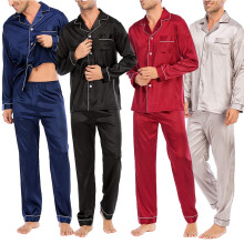 Set pijamale bărbătești din satin, cu mânecă lungă, culoare uni, 2 piese