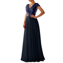 Vestido longo de noite feminino em chiffon com lantejoulas e decote em V.