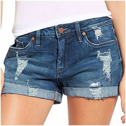 Dame denimshorts mørkeblå med middels mid-rise elastiske