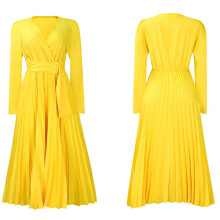 Damen-Midikleid mit V-Ausschnitt, langen Ärmeln, Falten und Gürtel