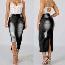Schwarzer, hochtaillierter Jeansrock mit Rissen für Damen, Größe XXXL