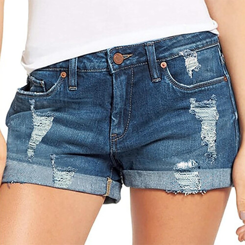 Dame denimshorts mørkeblå med middels mid-rise elastiske 2
