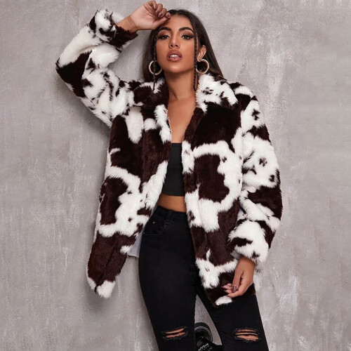 Γυναικείο παλτό shearling με μοτίβο αγελάδας, μακρύ, με πέτο και turndown 1