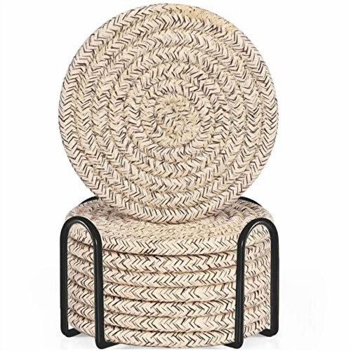 Conjunto de 8 porta-copos de algodão com suporte, em madeira marrom.