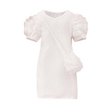 Conjunto de vestido de punto con mangas abullonadas para niña pequeña con bolso, color blanco.