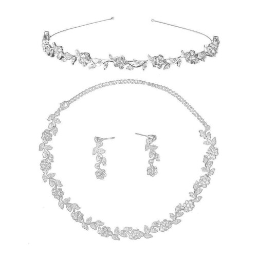 Brautschmuck-Set mit Blumenmuster und Strasssteinen, Silber