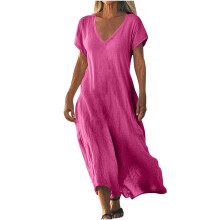 Vestido largo de manga corta para mujer, de algodón y lino liso.