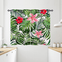 Cortinas de cocina con estampado de hojas tropicales y palmeras verdes (2 paneles)