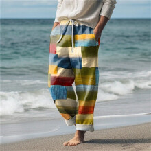 Pantalones de lino para hombre, transpirables, con estampado geométrico amarillo, ideales para el verano.