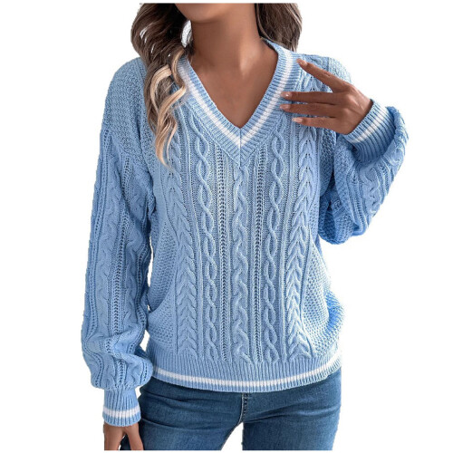 Damen-Pullover mit Farbblock-Design, V-Ausschnitt und Laternenärmeln aus Acryl