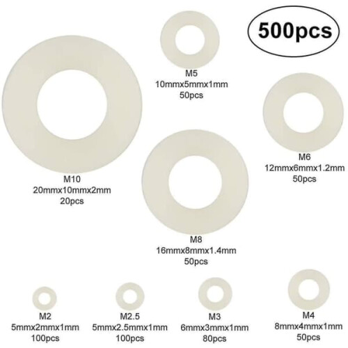 Plastic Nylon Flat Washers M2 to M10 White 500 pcs 1