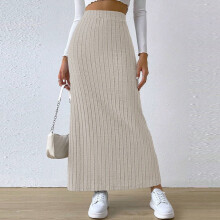 Damen-Bleistiftrock aus Rippstrick mit hohem Bund, beige, Größe M