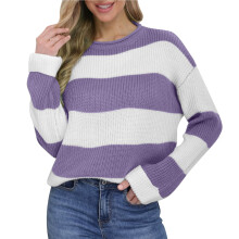 Pulover acrilic cu dungi color block pentru femei, cu mânecă lungă