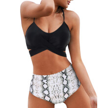 Conjunto de bikini de dos piezas con cuello halter y cintura alta, estilo cruzado.