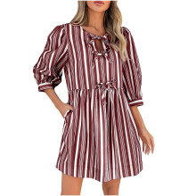 Naisten raidallinen, solmittava babydoll-mekko, 3/4-hihainen