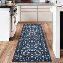 Floral Rug 2'x6' Washable Non-Slip Low Pile Black