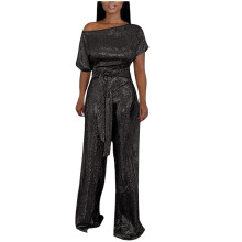 Dames avondjumpsuit met blote schouders, zwart