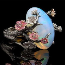 Vintage women's faux opal plum blossom ring two-tone